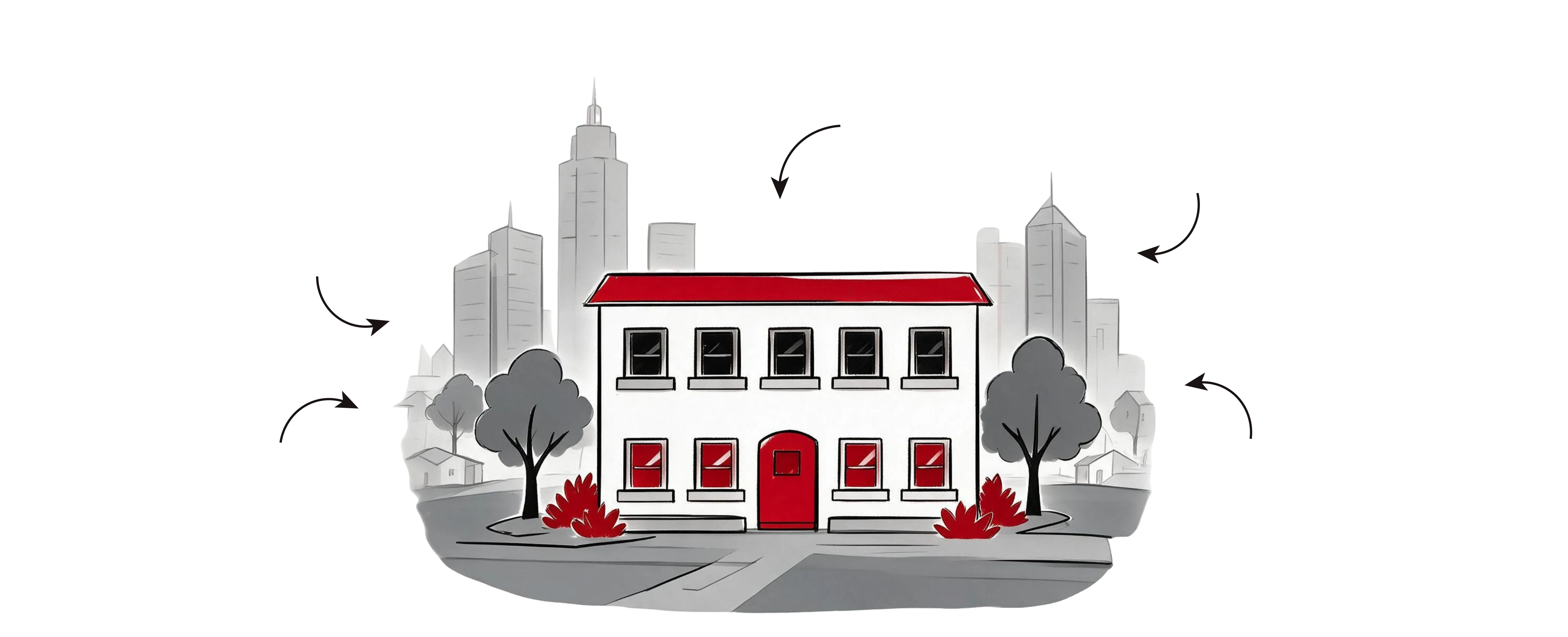 Ilustración de una casa de dos plantas frente al skyline de una ciudad.