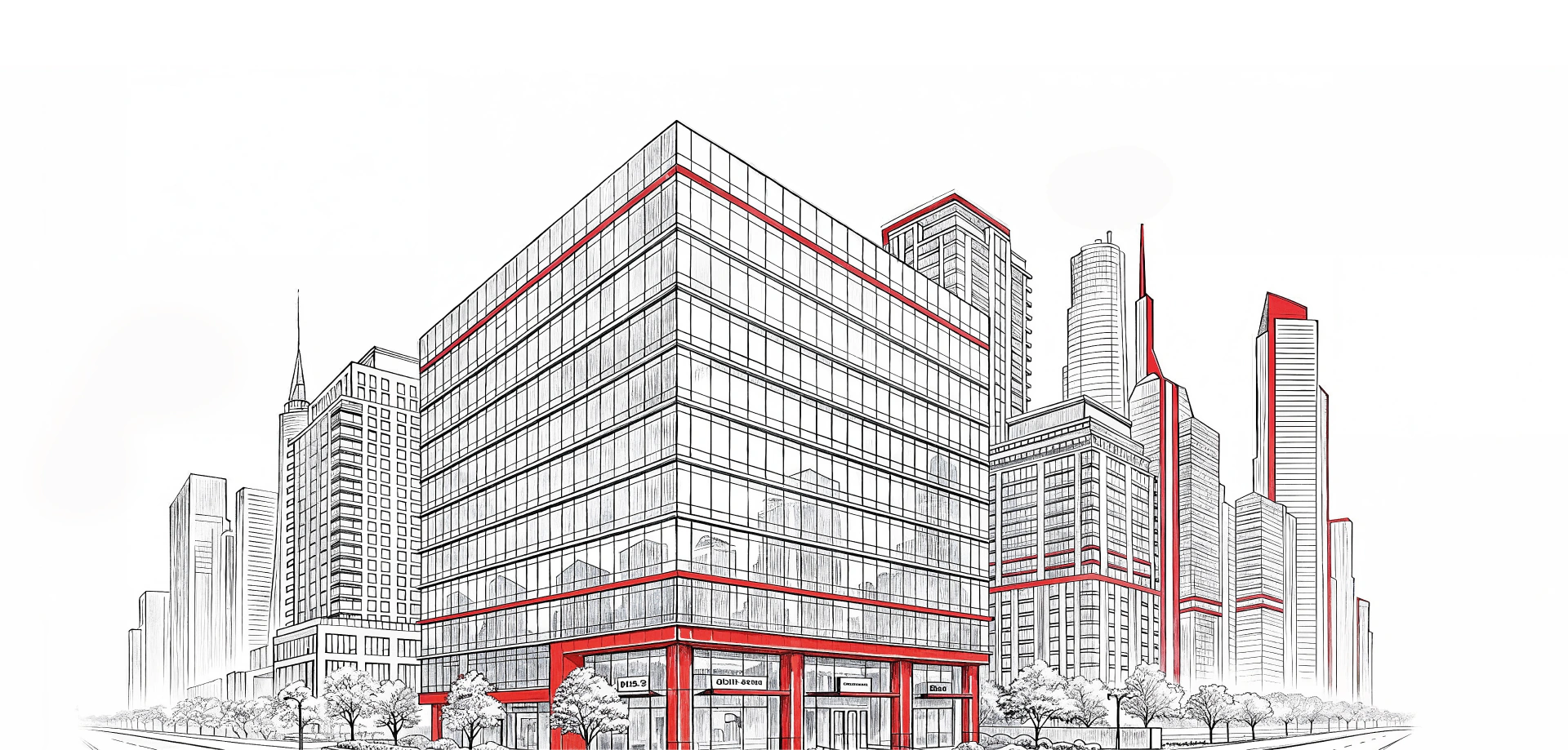 Ilustración de un edificio corporativo y del skyline de una gran ciudad, en trazo técnico con detalles en rojo.